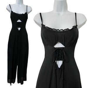 Reformation Fergie Front Lace Up Cutout Wide Leg Jumpsuit Size 4 Black Feminine